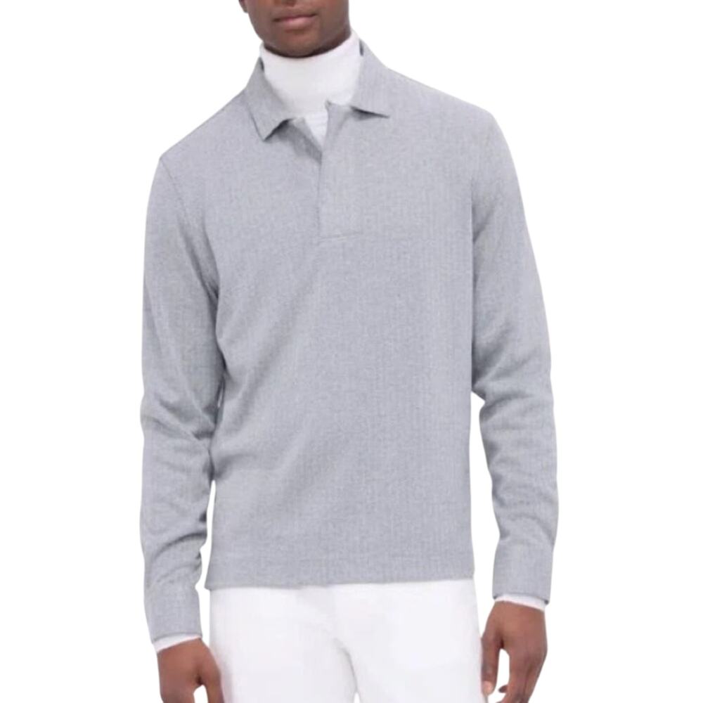 Bugatchi Herringbone Long Sleeve Classic Grey Cement Cotton Polo Shirt Size S